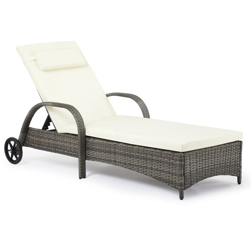 Chaise Longue d'extérieur en Résine Tressée à roulettes Bain de Soleil Transat Dossier Réglable pour Jardin Piscine Gris Mondeer
