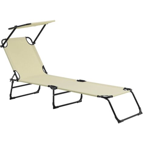 Bain de soleil transat chaise longue pliable avec pare-soleil acier PVC polyester 187 cm crème