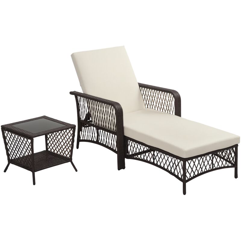 Bain de soleil transat design colonial avec table basse et matelas - dossier inclinable - résine tressée, polyester - marron crème