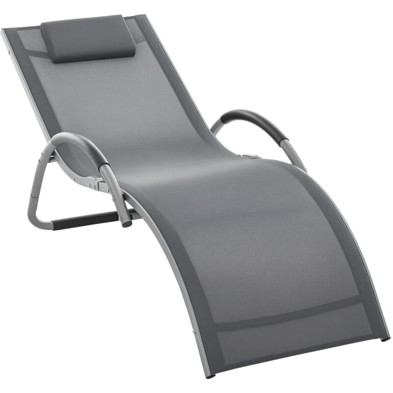 Bain de soleil transat design contemporain avec appui-tête grand confort léger aluminium textilène 160 x 60 x 65 cm gris