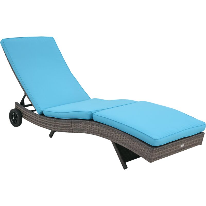 Bain de soleil transat grand confort - dossier inclinable 5 positions roulettes - matelas déhoussable inclus - résine tressée bleu