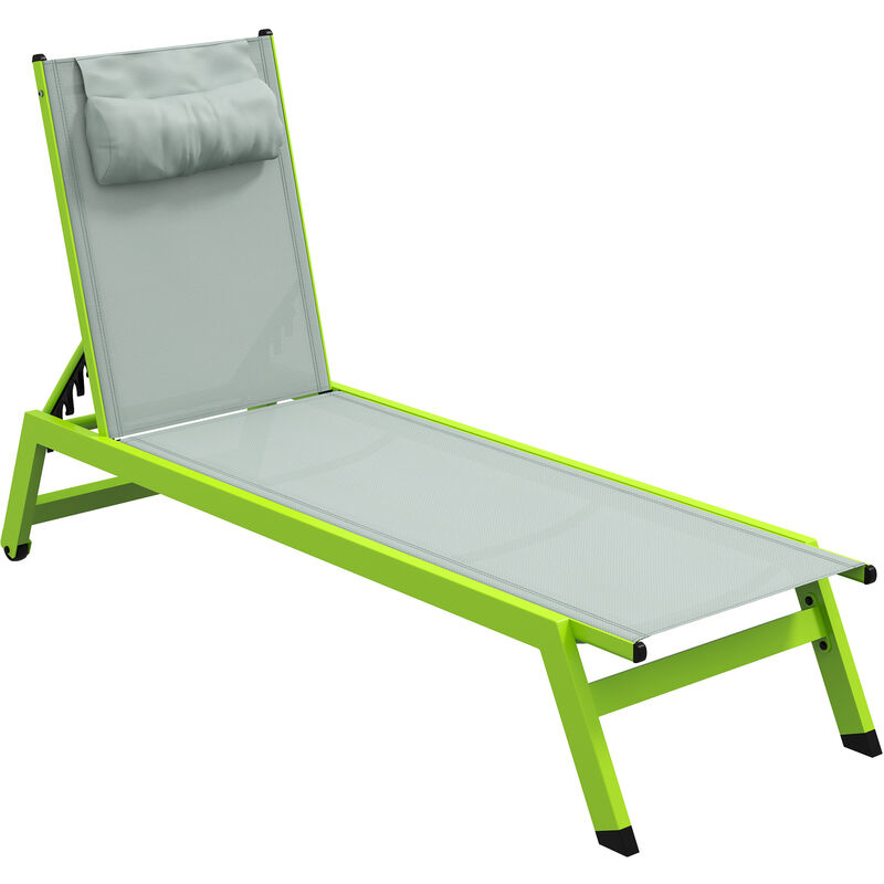 Outsunny - Bain de soleil transat inclinable 5 positions - tétière, 2 roulettes - alu. textilène vert
