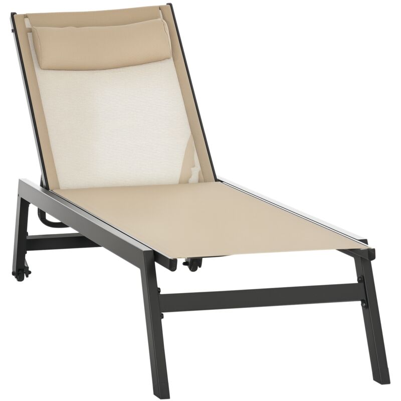 Outsunny - Bain de soleil transat inclinable 5 positions - tétière, 2 roulettes - alu. textilène kaki