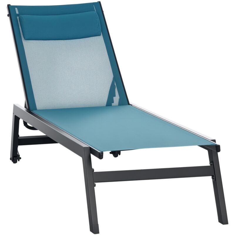 Outsunny - Bain de soleil transat inclinable 5 positions - tétière, 2 roulettes - alu. textilène bleu