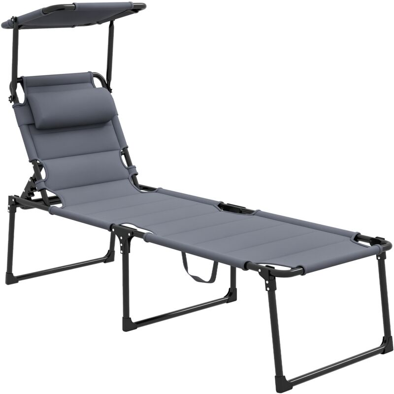 Bain de soleil transat inclinable pliable matelassé - pare-soleil, tétière - métal époxy noir tissu gris