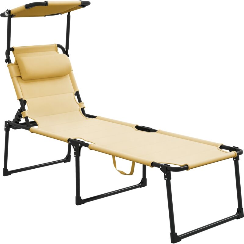 Bain de soleil transat inclinable pliable matelassé - pare-soleil, tétière - métal époxy noir tissu blanc cassé
