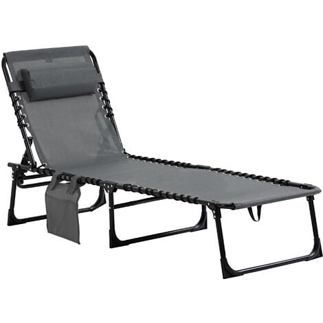 Bain de soleil transat pliable avec poignée - dossier inclinable multi-positions, pochette, tétière - acier époxy noir lacets élastiques textilène gris