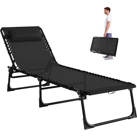Bain de Soleil transat Pliable Dossier inclinable Multi-Positions 189 x 58 x 30cm Acier Lacets élastiques textilène noir