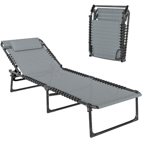 Bain de Soleil transat Pliable Dossier inclinable Multi-Positions Acier thermoplastique Lacets élastiques Noir textilène Gris