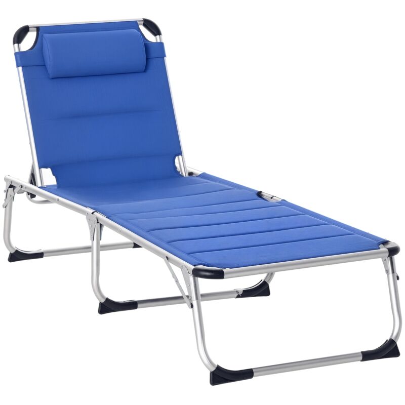 Bain de soleil transat pliable dossier réglable multi-positions matelassage tétière alu textilène bleu