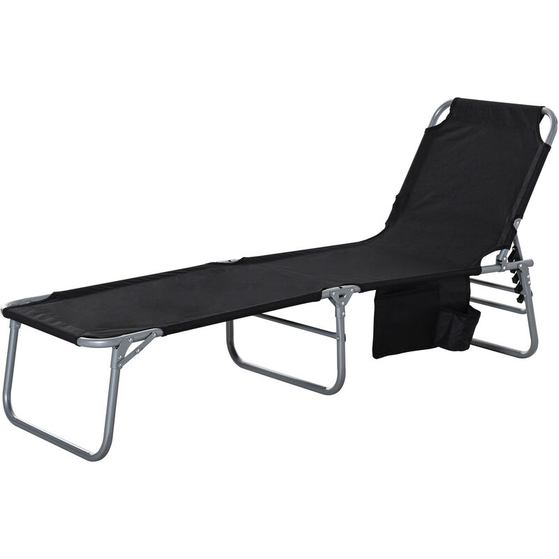 Bain de soleil transat pliable dossier réglable multipositions pochette rangement intégrée acier époxy oxford noir