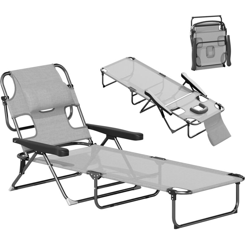 Bain de soleil transat pliable inclinable - coussins, espace tête - acier noir polyester antracite