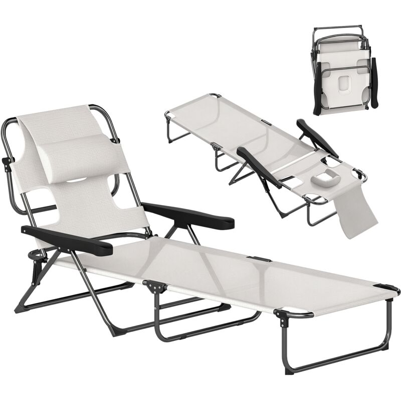 Bain de soleil transat pliable inclinable - coussins, espace tête - acier noir polyester crème