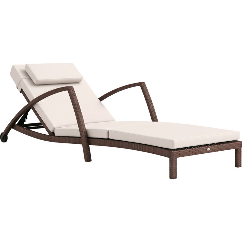 Bain de soleil transat style colonial résine tressée - inclinable, 2 roulettes, accoudoirs - matelas tétière beige
