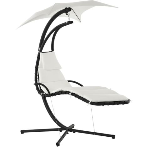 Bain de soleil transat suspendu avec pare-soleil et matelas design contemporain 190L x 115l x 190H cm acier polyester crème noir