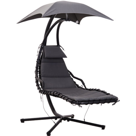 Bain de soleil transat suspendu avec pare-soleil et matelas design contemporain 194L x 117l x 192H cm acier polyester gris foncé noir