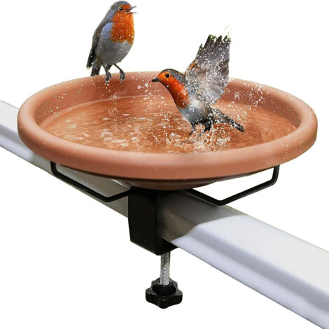 Bain d'oiseaux à poser sur terrasse, bol de 30 cm, bain d'oiseaux non chauffé pour balustrade de balcon, fixation amovible par pince pour bain d'oiseaux