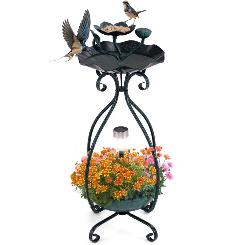 Bain d'oiseaux Énergie Solaire, Décoration Abreuvoir d'Extérieur sur Pied Rétro Éclairé avec Piédestal de Jardinière à Fleurs Lumières Solaires, Vert