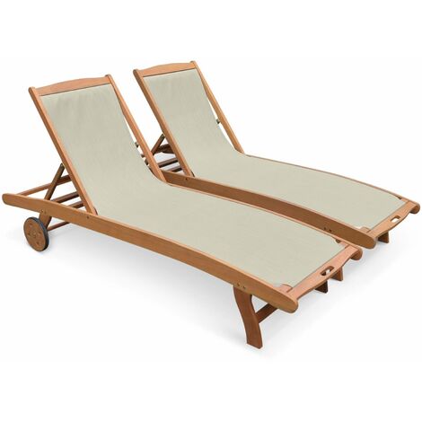 Sweeek – Transat en eucalyptus huilé et textilène gris taupe – Lot de 2 – Dossier multipositions – Résistant aux intempéries – Dimensions 196x58.5x34/91cm