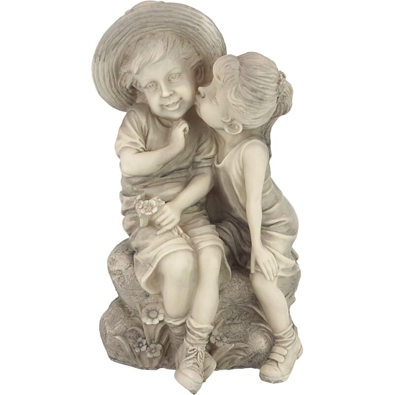 Décoratif de jardin Baisser Enfants Fille et Garçon Statue De Décor De Jardin, 13cm, polyrésine, pierre antique