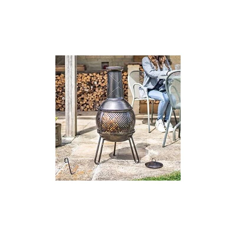 Marco Paul - Baja Chimenea Garden Outdoor Log Burner Lattice Style Bronze Effect Wood Burner Steel Portable Heater Fire Basket Brazier Firepit