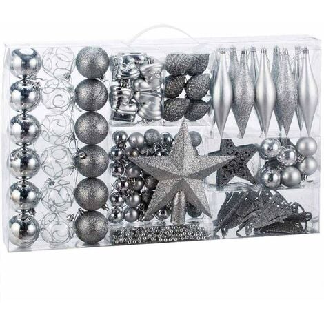 BAKAJI Addobbi Per Albero Di Natale 102 Pezzi Confezione Palline Calze Stelle Pigne Decorazioni Natalizie (Silver)