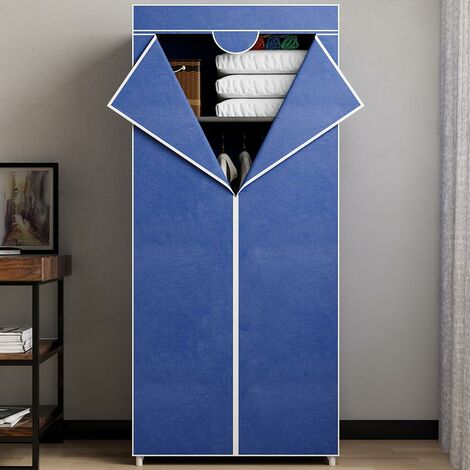 BAKAJI Armadio Guardaroba con Struttura Tubolare in Metallo, Mobile Salvaspazio con Rivestimento in Tessuto TNT, Zip di Chiusura e Asta Appendiabiti da Campeggio, Dimensione 70 x 46 x 160 cm (Blue)