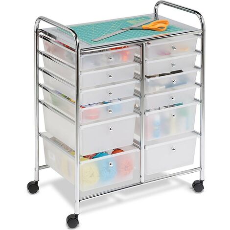 BAKAJI Carrello Multiuso Doppio in Acciaio Cromato Doppia Cassettiera 12 Cassetti e 4 Ruote Carrellino Organizer Salvaspazio per Bagno Casa Ufficio Estetista Lavoro (Bianco)