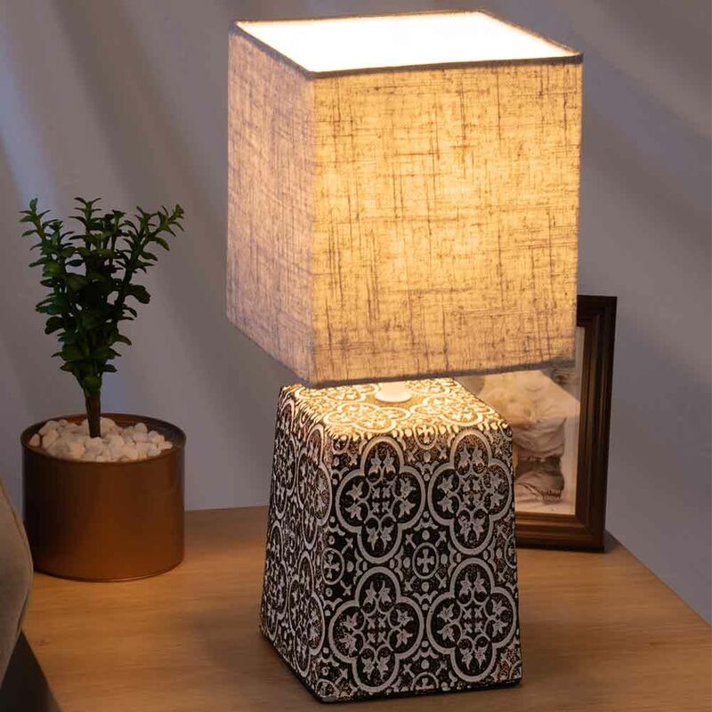 Image of Bakaji - Lampada da Tavolo Lume Comodino Ceramica Tessuto Tortora Design Moderno Abatjour