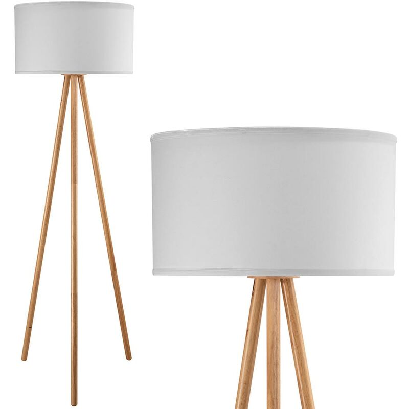 Image of Lampada Piantana Terra Design Moderno in Legno Paralume Tessuto Luce E27 Bianco