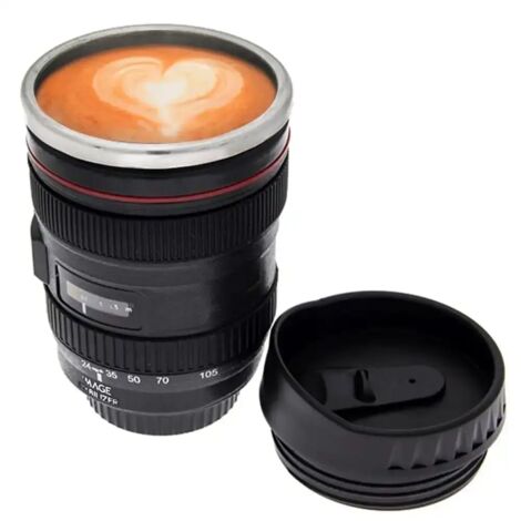 BAKAJI Mug Camera zoom Lens Tazza in acciaio forma obiettivo 350 ml teleobiettivo colore nero