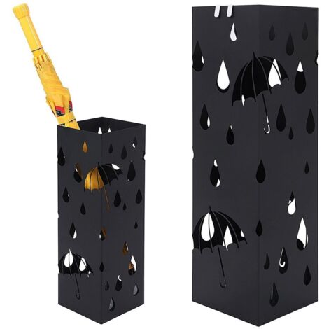 BAKAJI Portaombrelli Stand in Ferro Design Porta Ombrelli Forma Quadrata Colore Nero con Decorazione Intarsio Ombrelli e Gocce Vaschetta Salvagoccia e Ganci Ombrelli Pieghevoli - 49 x 15 x 15 cm