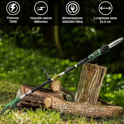 Bakaji Potatore Telescopico Elettrico Motosega 750W Asta Estensibile 2,70 mt Elettrosega Lama 25,5 cm con Inclinazione Sega Regolabile e Freno Meccanico Taglia Rami Legna Alberi Giardino