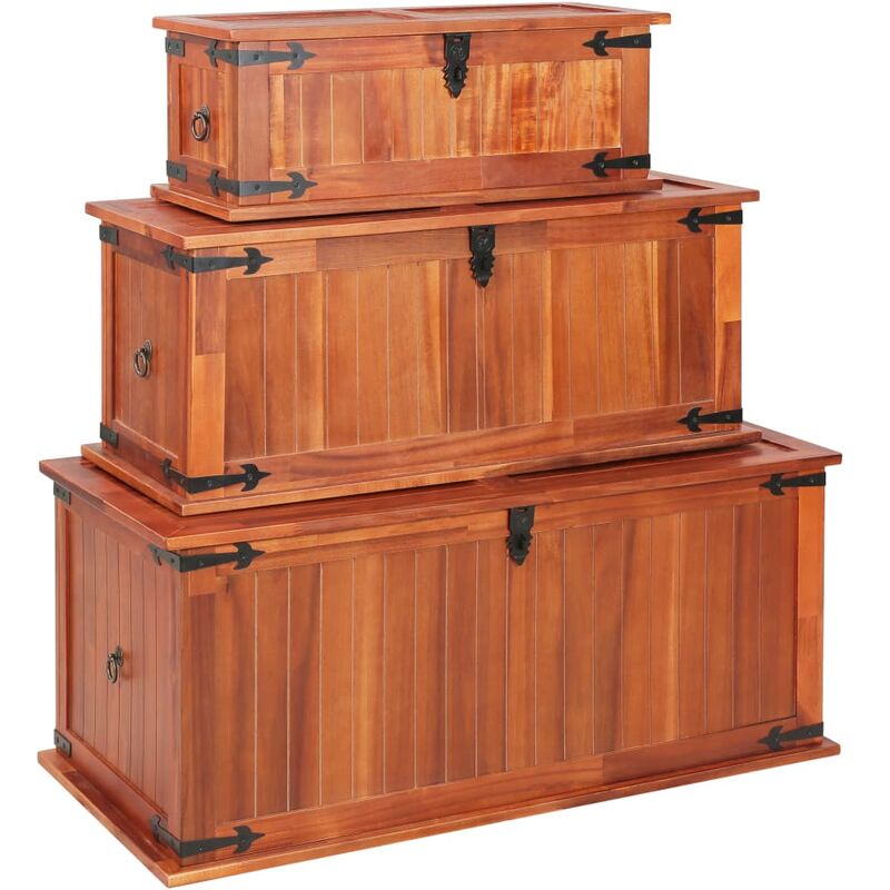 

Baúl de almacenamiento 3 piezas de madera maciza de acacia - Marrón