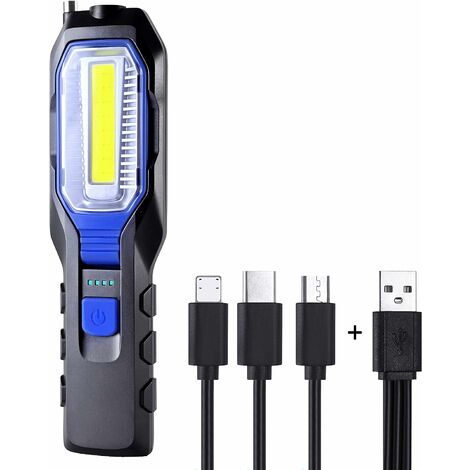 Baladeuse LED Rechargeable, Lampe de Travail Portable LED Rechargeable Puissante Lampe Aimantée USB 2800mAh Batterie COB, Crochet et câble de Chargement 3 en 1