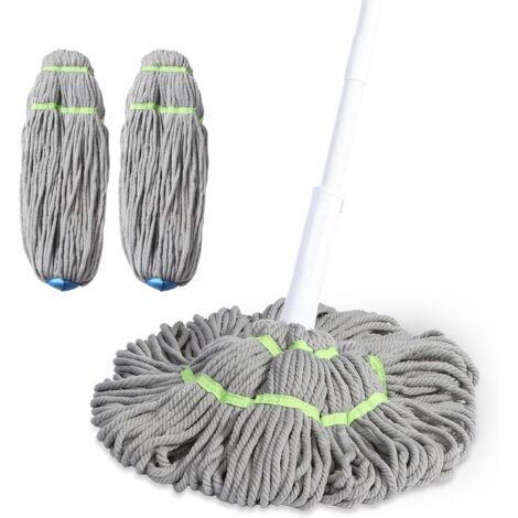 Balai à franges à manche long torsadé avec 2 têtes de rechange lavables en microfibre pour cuisine, parquet, vinyle, carrelage, stratifié