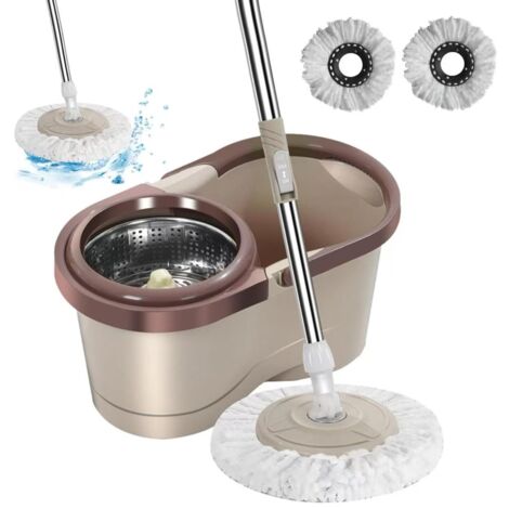Balai à franges à trempage, comprend 3 têtes de balai, un seau à double entraînement (avec drainage intégré), marron.