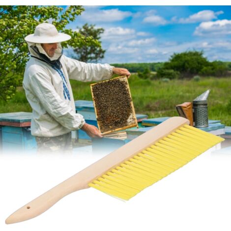 Balai d'apiculture naturel flexible avec manche en bois - Brosse pour ruche et cadres sans blesser les abeilles - Dimensions 34,5x8,2cm, poids 102g