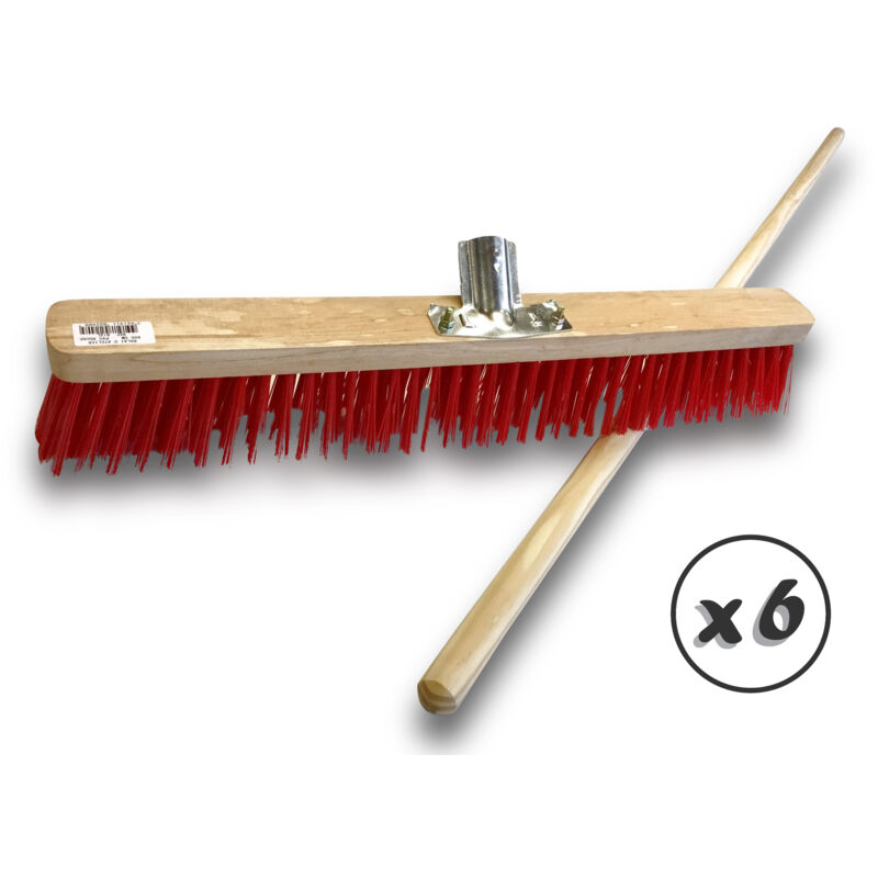 Lot de 6 balais d'atelier type cantonnier manché Piste Extérieur Longueur 60 cm Garnissage brosse pvc rouge Douille métal boulonnée ø 28 mm Manche