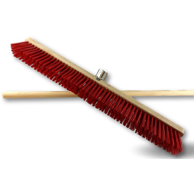 Balai d'atelier type cantonnier Piste Extérieur Longueur 80 cm Garnissage brosse pvc rouge Semelle bois Douille métal boulonnée ø 28 mm Avec manche