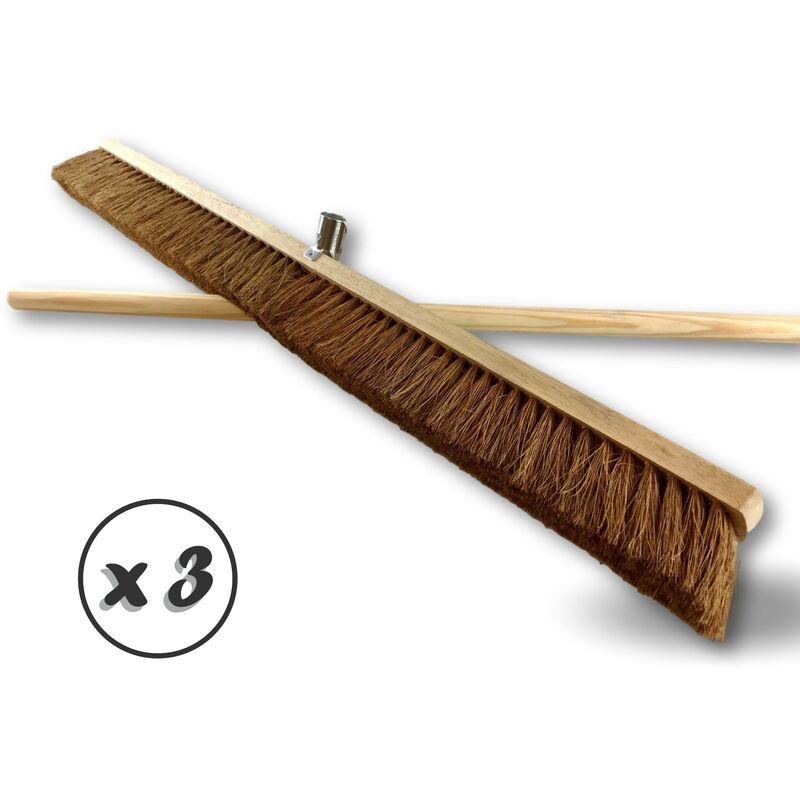Kibros - Balai d'atelier type cantonnier - Piste Extérieur - Fibres de coco naturel - Quantité x 3 - 100 cm - Avec manche