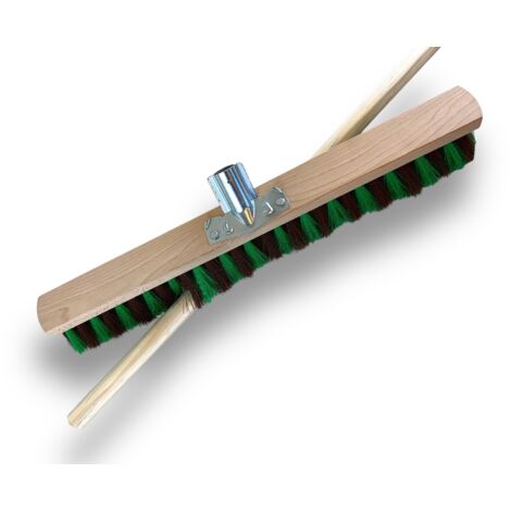 Balai de Jardinage 60 cm  avec Manche Bois 1,40 m  Fibre synthétique zébrée Marron et Verte résistante  Sortie 70 mm  Idéal pour sols Rugueux  Nettoyage Efficace  Longue durée  Kibros VC217M