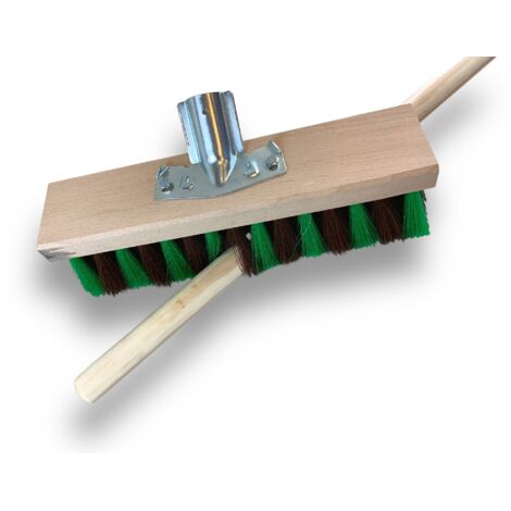 Balai de Jardinage cantonnier 32 cm  avec Manche Bois 1,40 m  Fibre synthétique zébrée Marron et Verte  Sortie 70 mm  Idéal pour sols Rugueux  Nettoyage Efficace Longue durée  Kibros VC846M