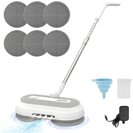 Balai électrique sans fil,  balai à franges sans fil avec réservoir d'eau de 300 ml et lampe frontale, balai à franges rapide pour sols en bois dur et carrelage, 6 tampons remplaçables