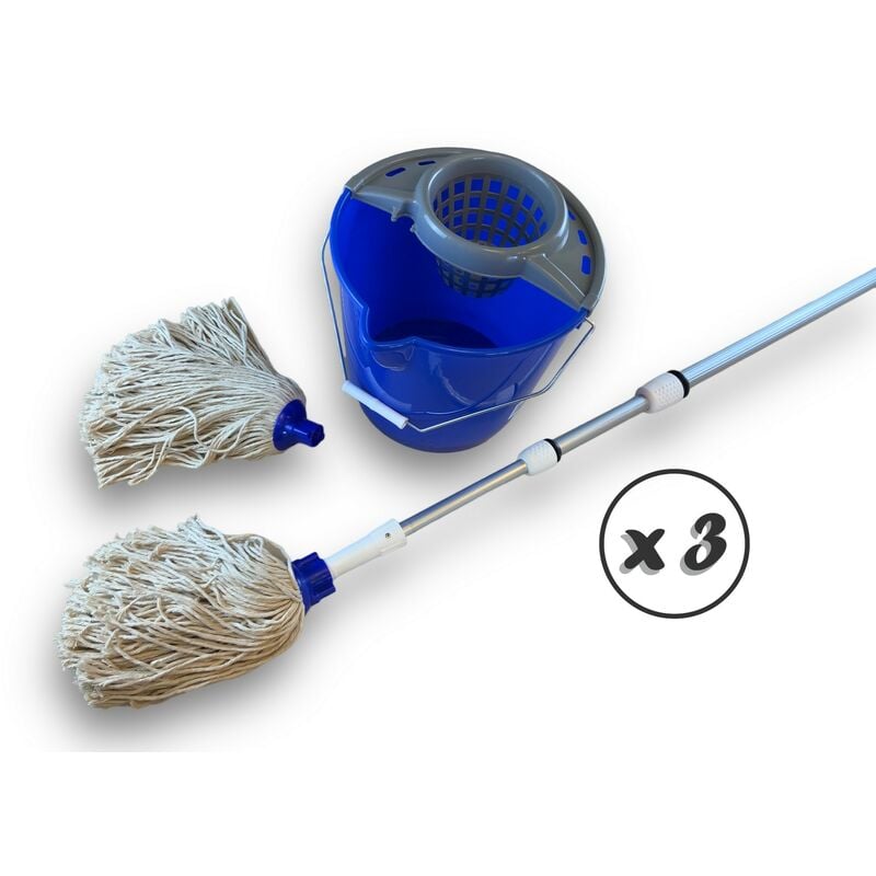 Kibros - Balai à Franges Espagnol 2 Serpillières Seau 10L Manche 3,80m - Quantité x 3 - Ensemble balai espagnol télescopique