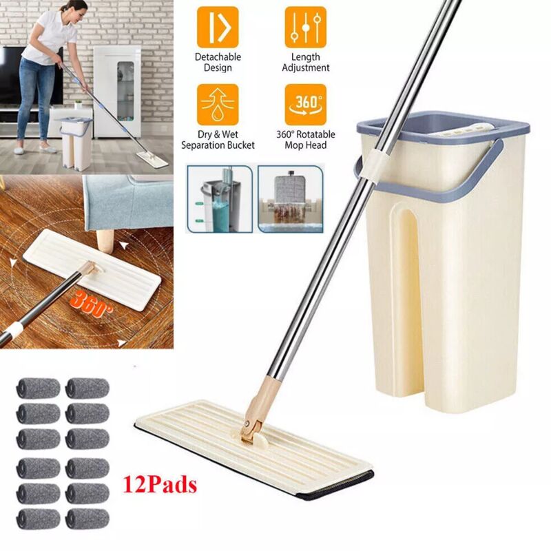 Balai Microfibre et Seau Essoreur - 12 Serpillières Réutilisables - Seau à 2 compartiments Nettoyage - Vadrouille Plat
