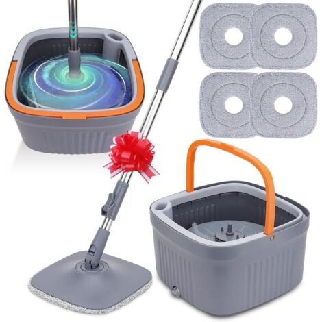 Balai serpillère avec seau, serpillère rotative à 360° avec essoreuse, fonction lavage et séchage, sépare l'eau propre et sale, manche télescopique avec 4 tampons réutilisables pour tous les
