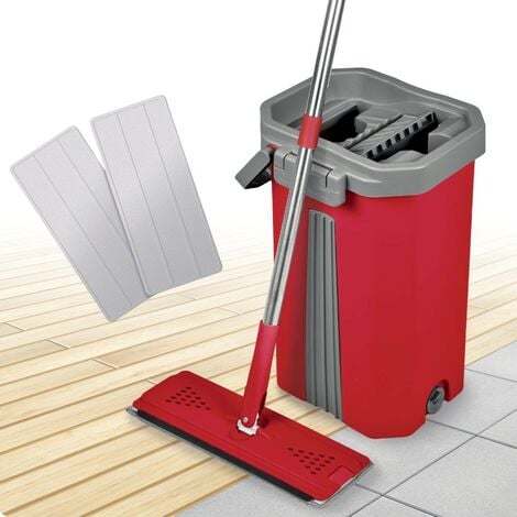 LISERÉ VERT Balai serpillère plat raclette intégrée et seau essoreur Smart Mop Compact 360° - 2 lingettes microfibre réutilisables incluses