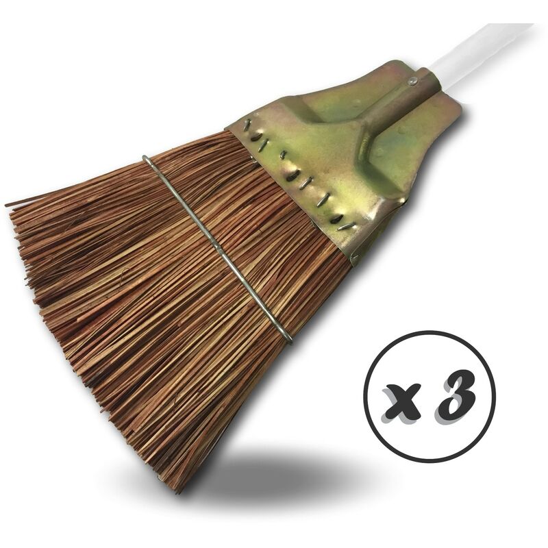 Kibros - Balai tolé Fibre piassava Monture tole bichromatée Balayage extérieur - Quantité x 3 - Balai tolé piassava sans manche