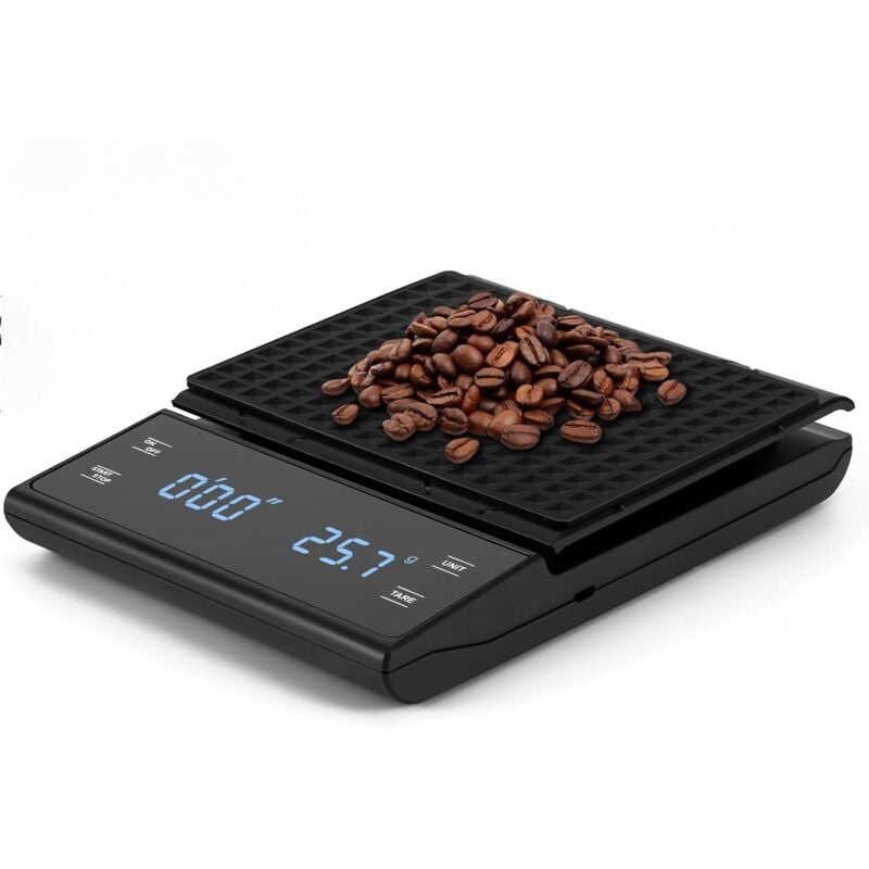 Balance à café numérique avec minuterie jusqu'à 3 kg/0,1 g, fonctionne avec piles et écran tactile LED, balance de cuisine multifonctionnelle (piles